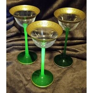 Egyptian Revival Uranium Glass Goblet (single), Green Clear & Gold, c. 1900